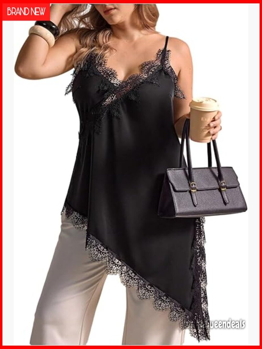 Plus Size Satin Lace Trim Cami V Neck Asymmetrical Long Tank Top
